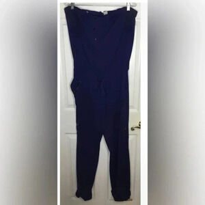 Women CACHE Blue Strapless Cargo Tie Waist Jumpsuit Sz Medium Pockets Buttons